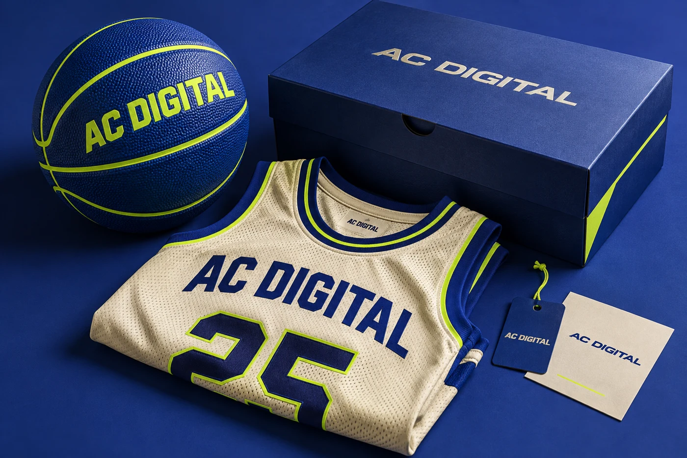 Concept de marque AC Digital inspiré du basket : ballon, maillot et emballage